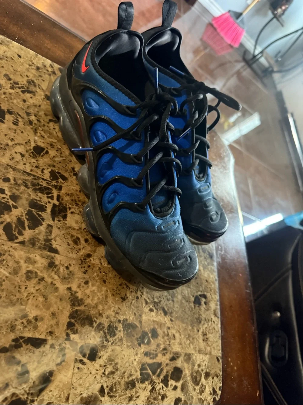 Men's Running Sneakers - Black and Blue with Red Accent Nike vapormax
